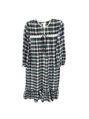 Vintage Barbizon Nightgown Womens L Green Plaid Flannel Ruffle Cottage Prairie